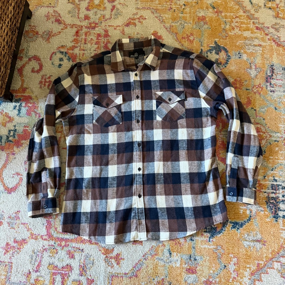 Molokai Surf Co Mens XXL Brown Navy Blue Plaid Flannel Button Down Shirt
